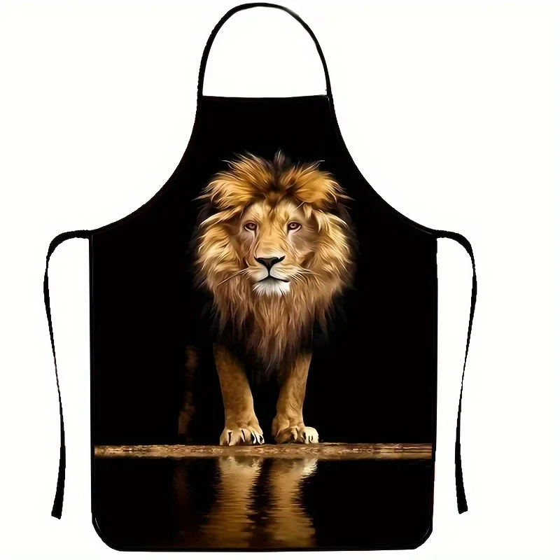 1pc Lion Print Polyester Apron – Vibrant Golden Lion Design, Sleeveless with Long Straps, Durable for Cooking & Cleaning