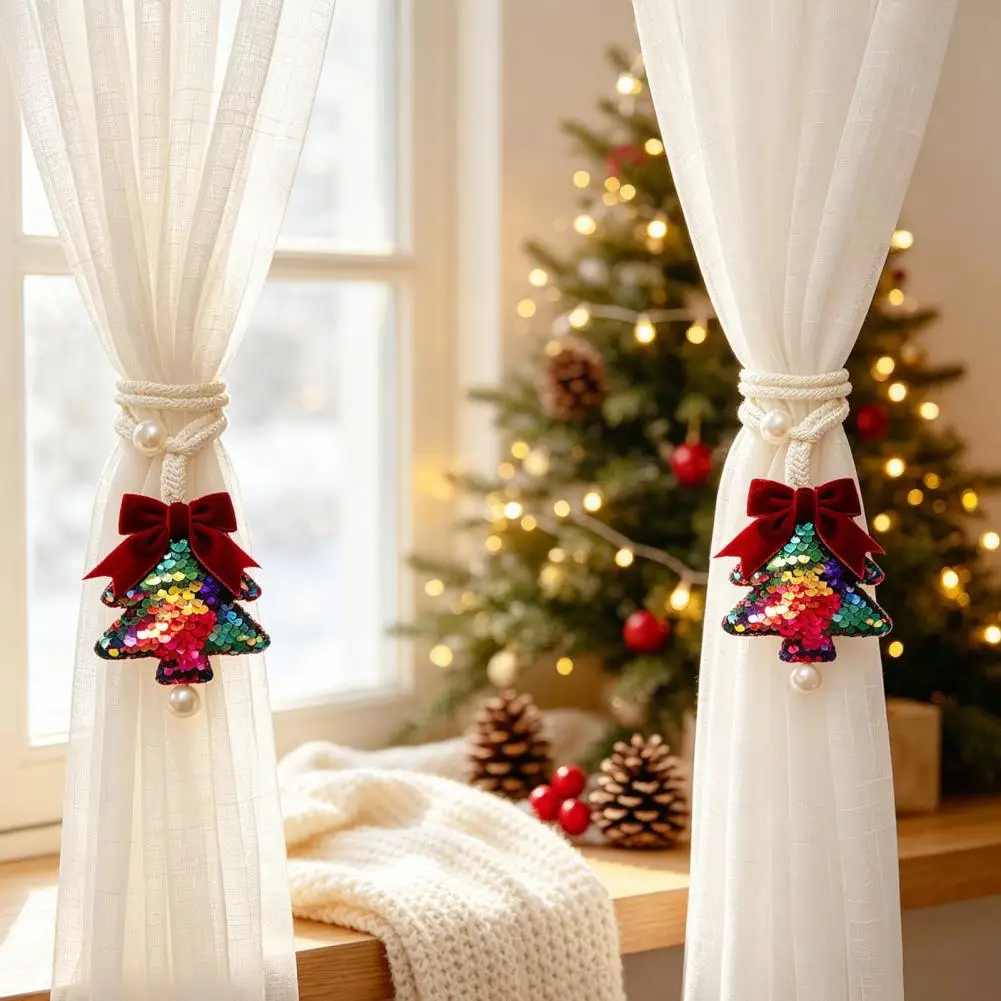 Seasonal Room Decorations Sequined Tree Curtain Tieback with Bow Sparkling Christmas Drapery Holder Festive Holiday for Home