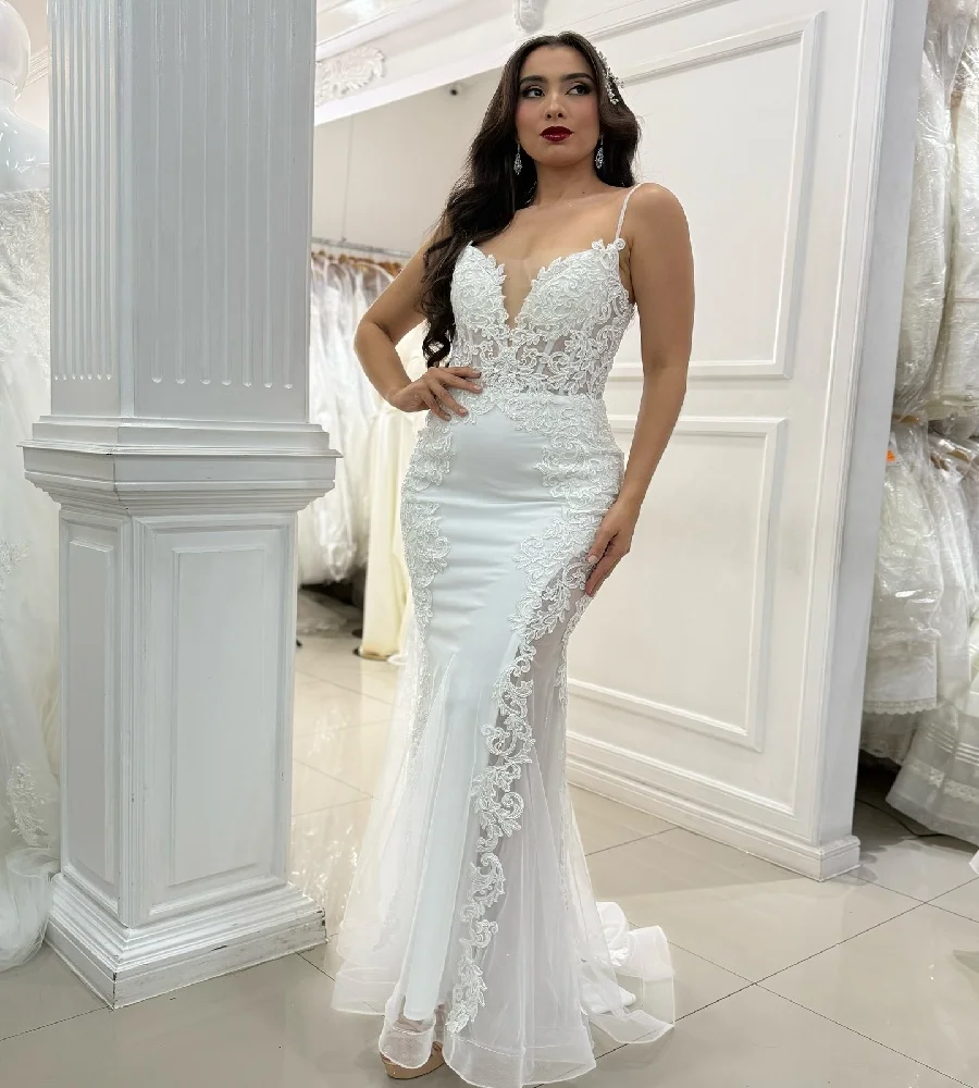 

Elopement Boho Mermaid Curvy Wedding Dress 2025 Sexy Spaghetti Straps Satin Beach Bridal Dress Elegant Bohemian BrideCustomized