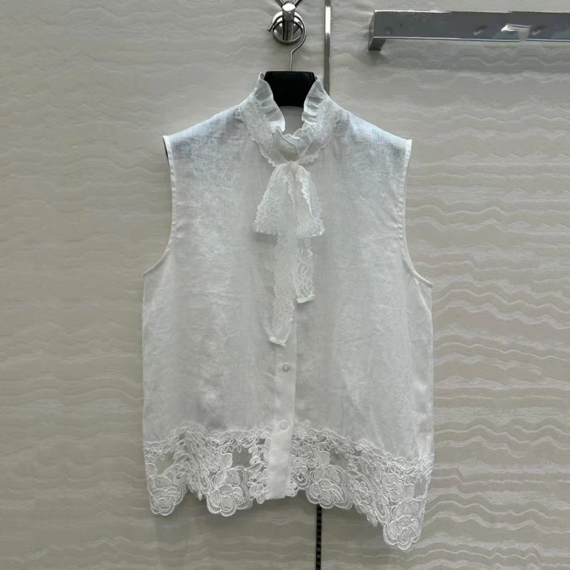 

Women's Heavy Duty Hollow Embroidered Linen Vest Top, Standing Lapel Lace Tie Knot Sleeveless Blouse,, High Quality Tops, 2025,