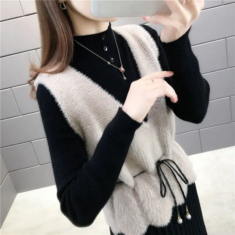 

Women's Autumn and Winter Korean New V-neck Pullover Mink Velvet Vest Fashion Drawstring Casual Warmth Versatile Sleeveless Vest