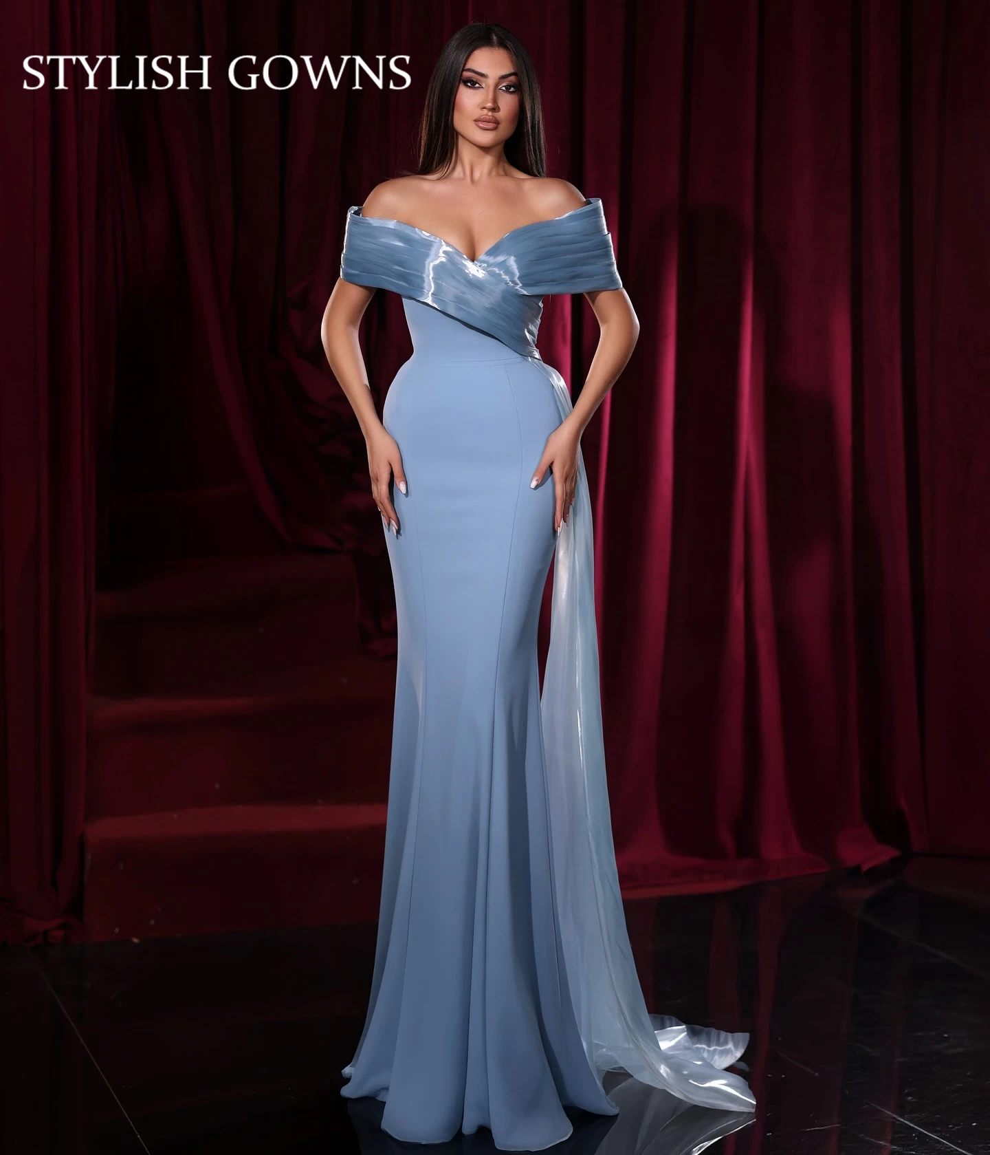 

Sky Blue Off The Shoulder Floor-length Evening Dress Pleats Formal Party Prom Gown Vestidos De Fiesta Customized Robe De Bal