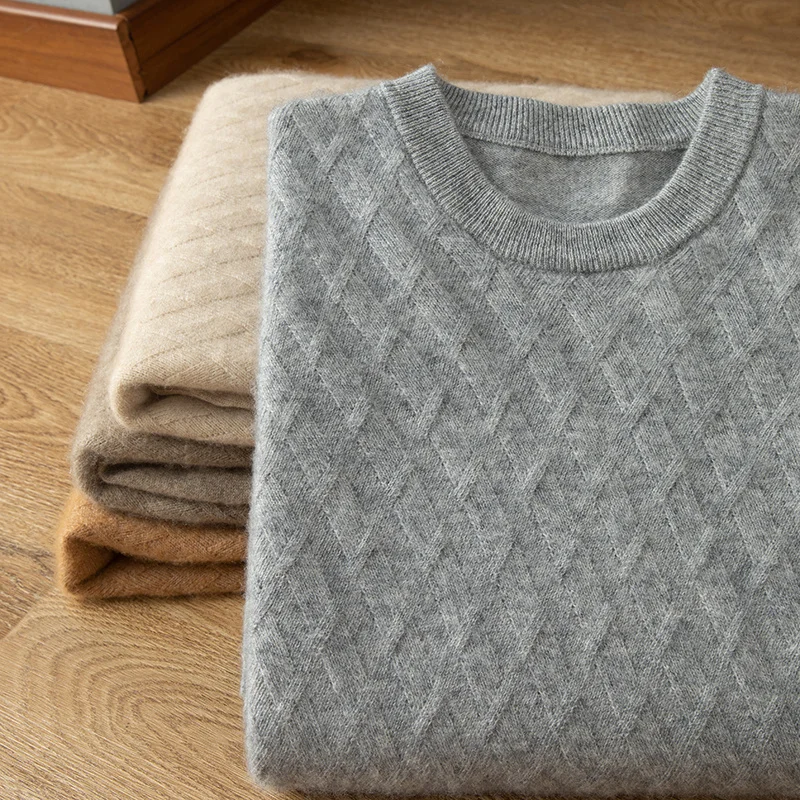 

Мужской пуловер из 100% чистого кашемира, деловой повседневный однотонный вязаный свитер, свободный джемпер с круглым вырезом и геометрическим рисунком, теплый топ