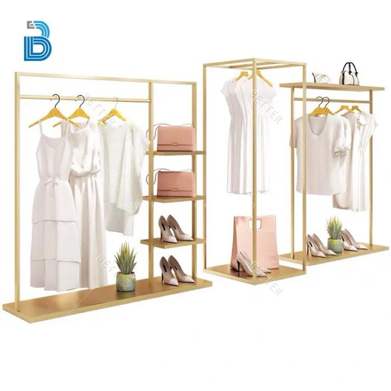 Gold Metal Clothing Rack, prateleira para loja de roupas, exibição