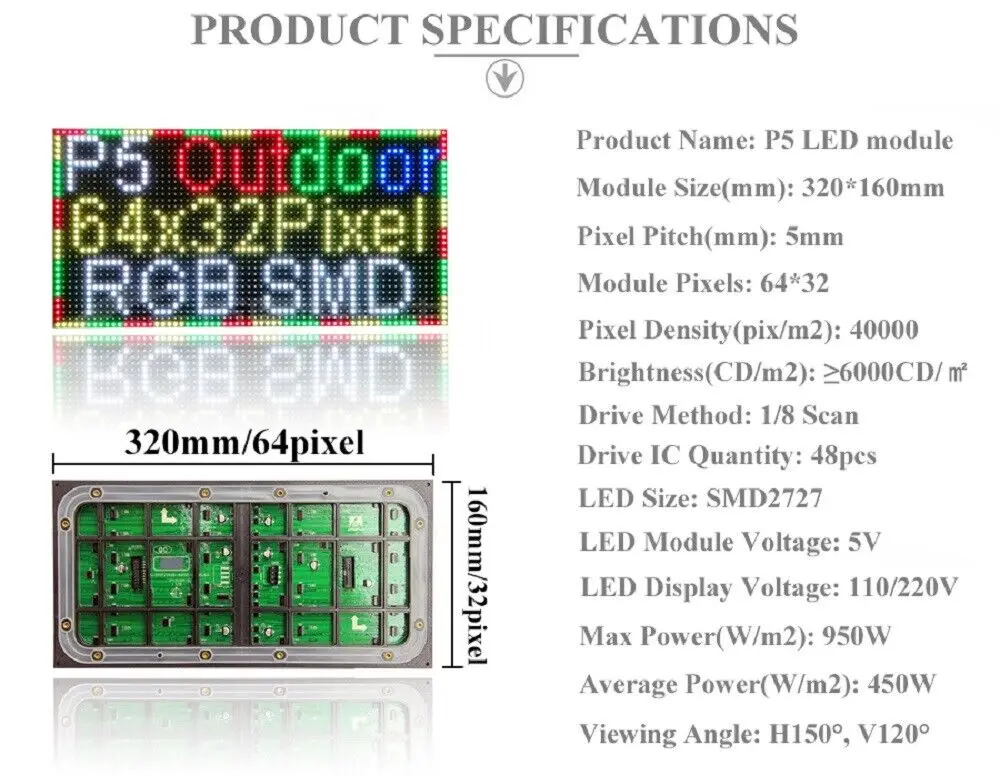 BOTAI P5 RGB esterno 320mm * 160mm, moduli schermo video LED SMD 1/8s 64*32 punti