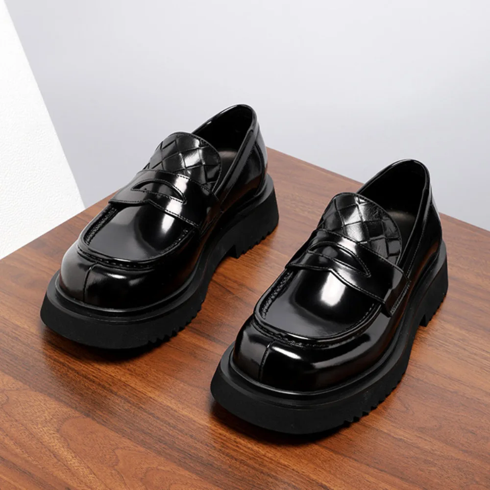 Genuine Full Grain Leather Mens Loafers New Summer Bright Face Thick Sole Business Casual Dress Shoes Versatile Trendy