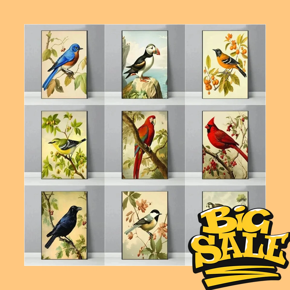 Singing in the Branches – Vintage Blue Jay Cardinal Parrot Warbler Frameless Canvas for Living Room Home Decor 2026