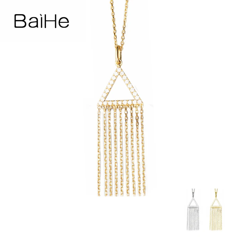 BAIHE Solid 18K Yellow Gold 0.20ct H/SI Natural Diamond triangle tassel Necklace Women Trendy Engagement Fine Jewelry chains