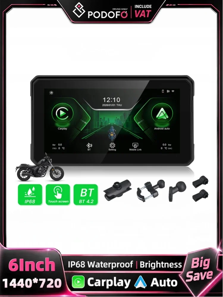 Podofo 6 Zoll Motorrad-Navigations-DVR-Monitor IP67 Wasserdichter Touchscreen Tragbares Multimedia-Gerät Unterstützt Carplay Android Auto Bluetooth-Verbindung