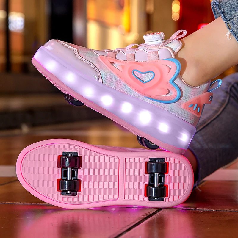 

Flash shoes girls 2025 new spring children's roller shoes light up four wheel flashing roller skates roller girls shoes