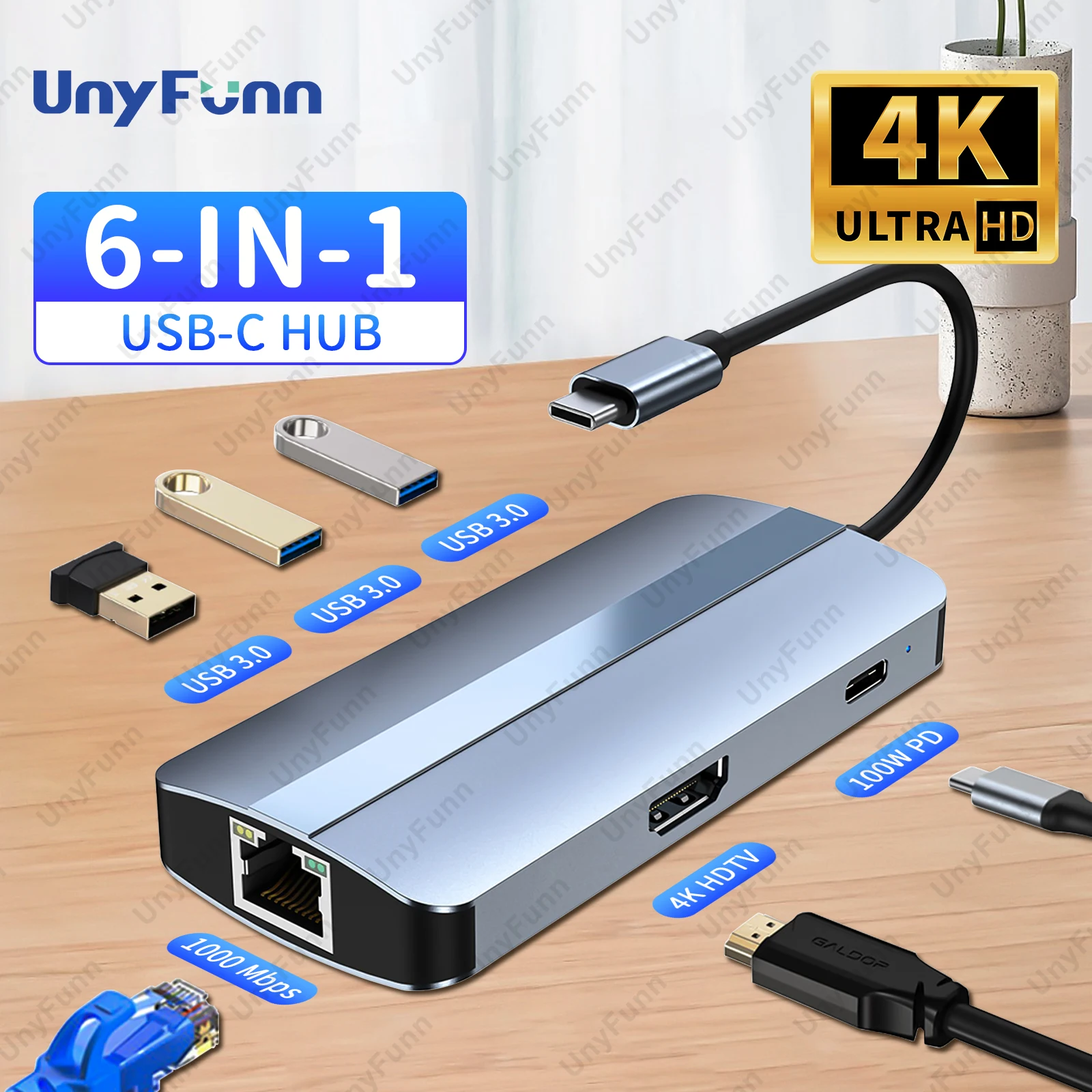 USB C Hub 6in1 with 4K HDTV Gigabit Ethernet 100W Power Charging 3 USB 3.0 Data Port Type C Adapter for IPhone15 Mac iPad Laptop