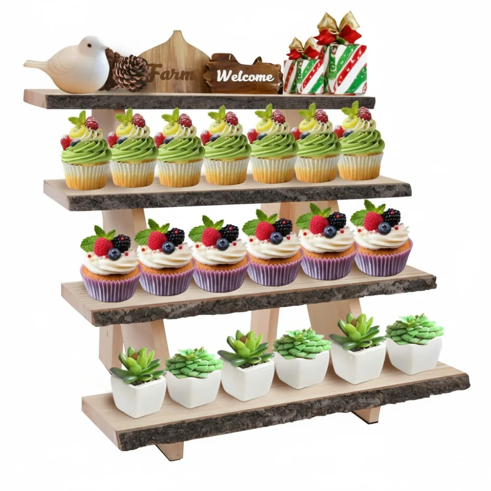

4 Tier Wooden Cupcake Stand Rustic Dessert Display Riser for Wedding Party Vendor Events Food Decor