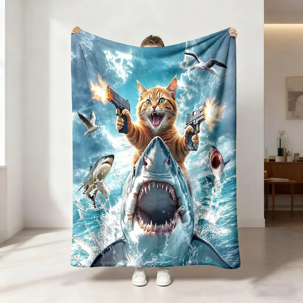 Funny Cat Shooting Guns Shark Attack Beach Scene Throw Blanket Novelty Gift for Cat Lovers 150x200cm
