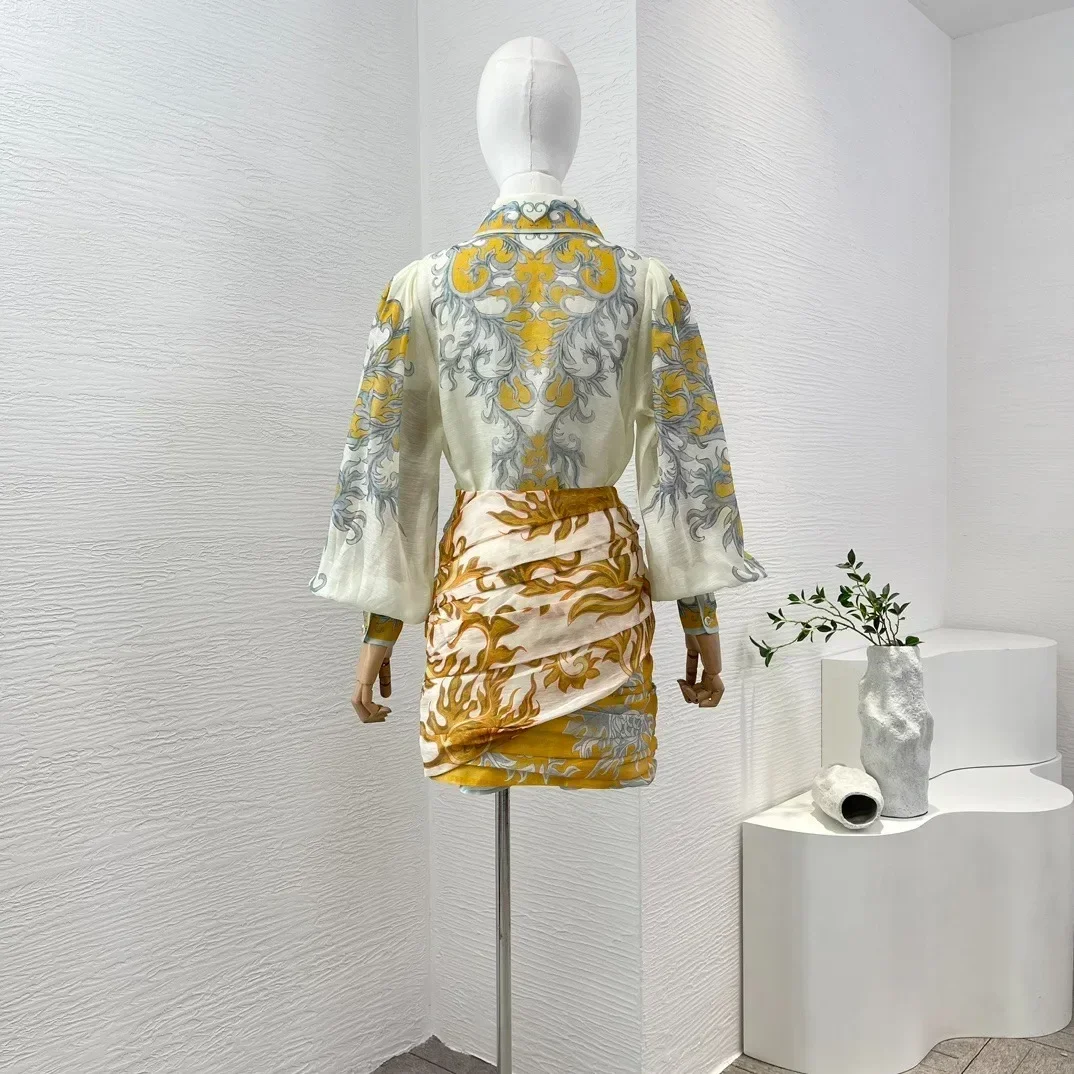 Yellow Floral 2024 New Summer Women Silk Linen  Position Print Long Sleeve Blouse Skirt Set High Quality Vintage Collection