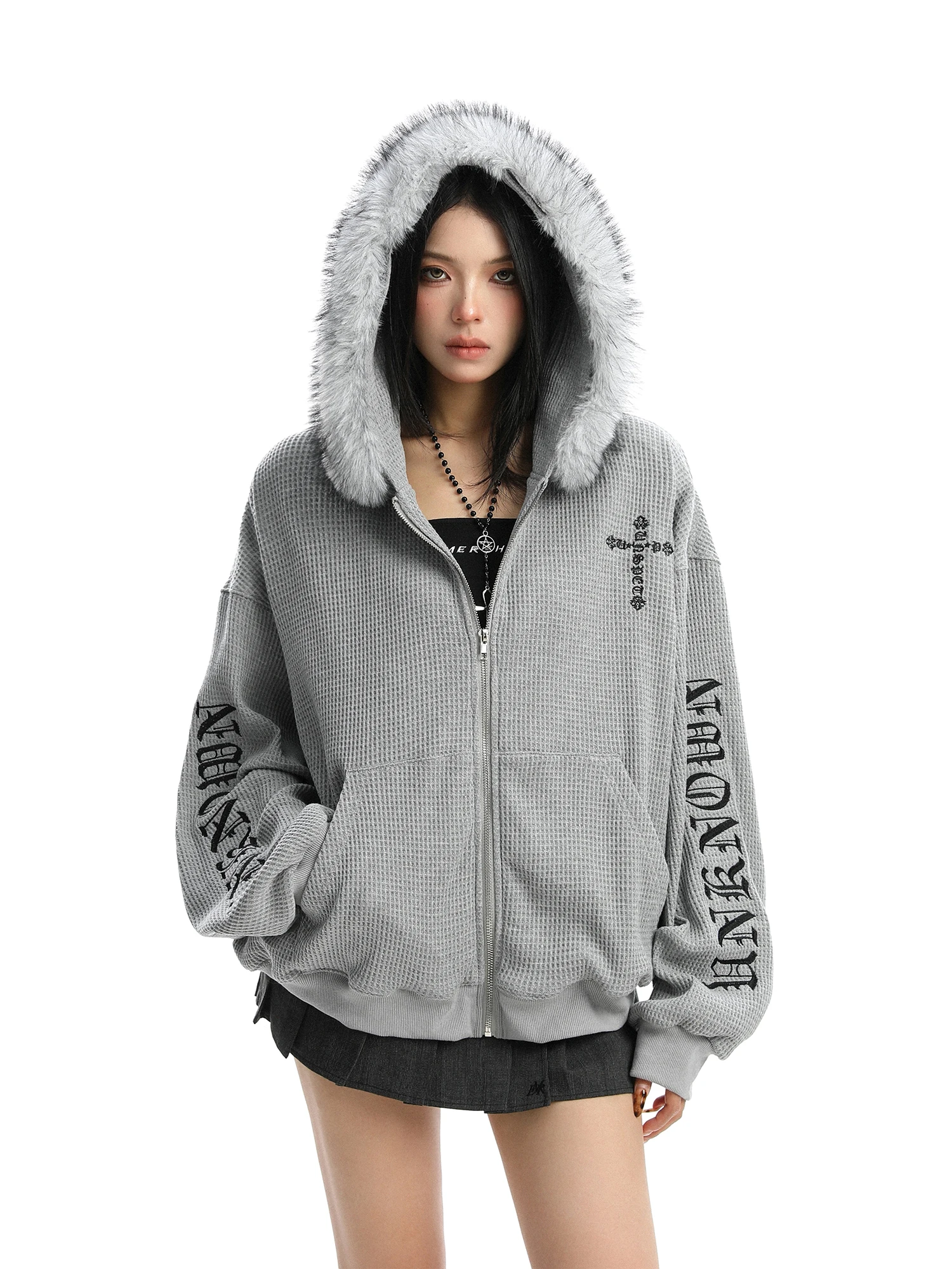 

Худи Biggold American Cross Print, женская свободная верхняя одежда для пар, модная осенняя одежда со съемным меховым воротником