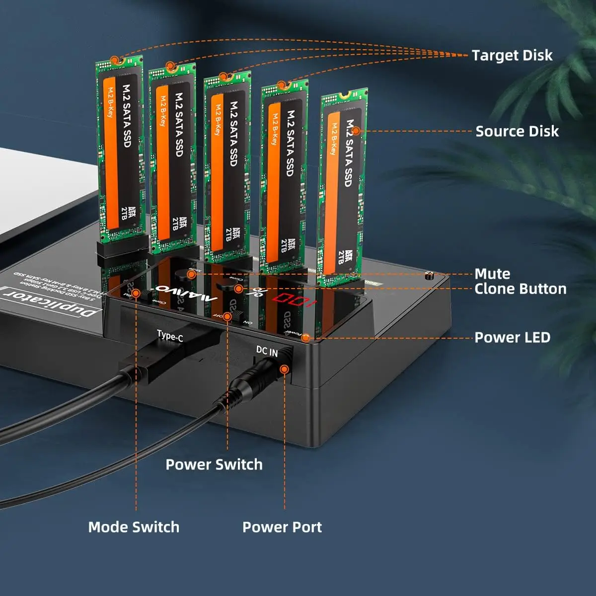 MAIWO M.2 SATA NGFF SSD 5 Bay Enclosure يدعم استنساخ غير متصل مع شرائح SATA III USB 3.0 5Gbps 20 تيرا بايت إلى M2 SATA SSD