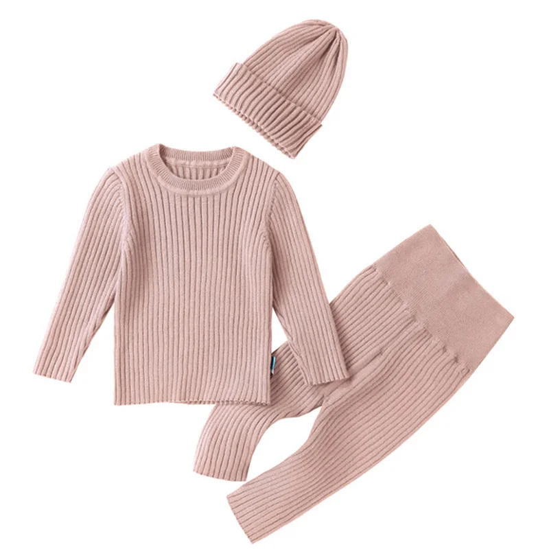 Newborn Baby Girls Boys Clothing Set Long Sleeved Solid Color Knitted Pullover+Pants+Hat Autumn Baby Girls Knitted Clothes Suit