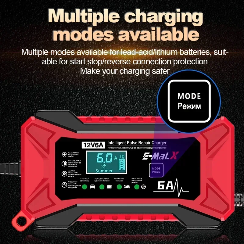 New 12V 6A  LiFePO4 14.6V Smart Pulse Repair Car Battery Charger Charge AGM Deep Cycle GEL Lead-Acid Charger For Auto Motorcycle