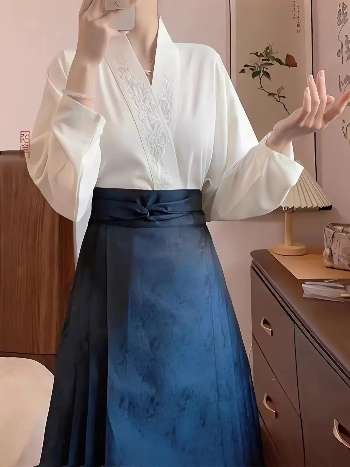 Elegant Chinese Style Women Blouse Improved Hanfu Cross Plane Collar Daily Top Ming Horse Face Skirt Element Fashion Shirt