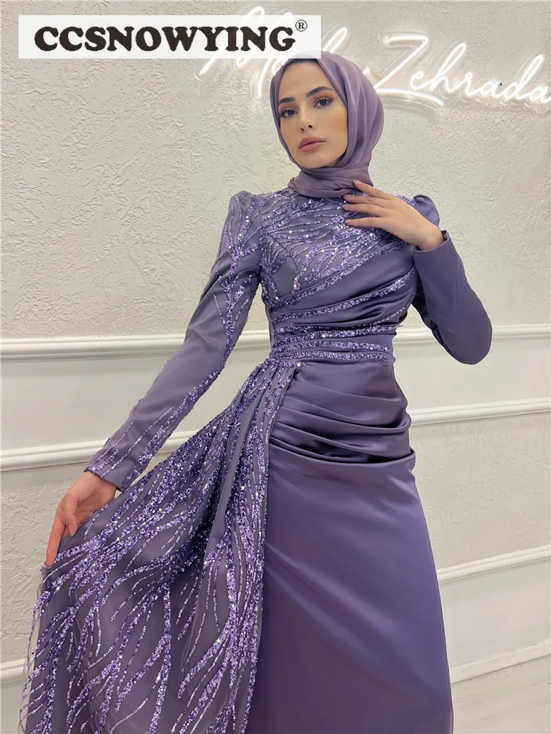 Gaun Malam Muslim Hijab Lengan Panjang Satin Ungu Gaun Pesta Formal Islami Leher Tinggi Gaun Prom Arabia Dubai Robe De Soiree