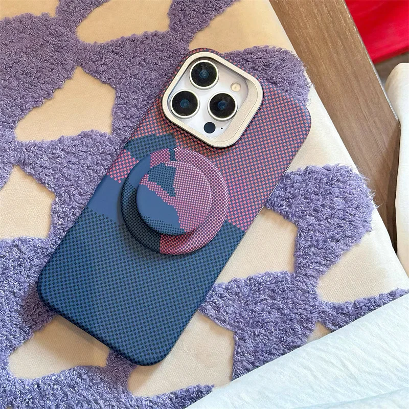 

Alloy Lens Stand Holder MagSafe Phone Case for iPhone 16 14 15 Pro Max 15 13 Wireless Charging Pixels Texture Hard PC Back Cover