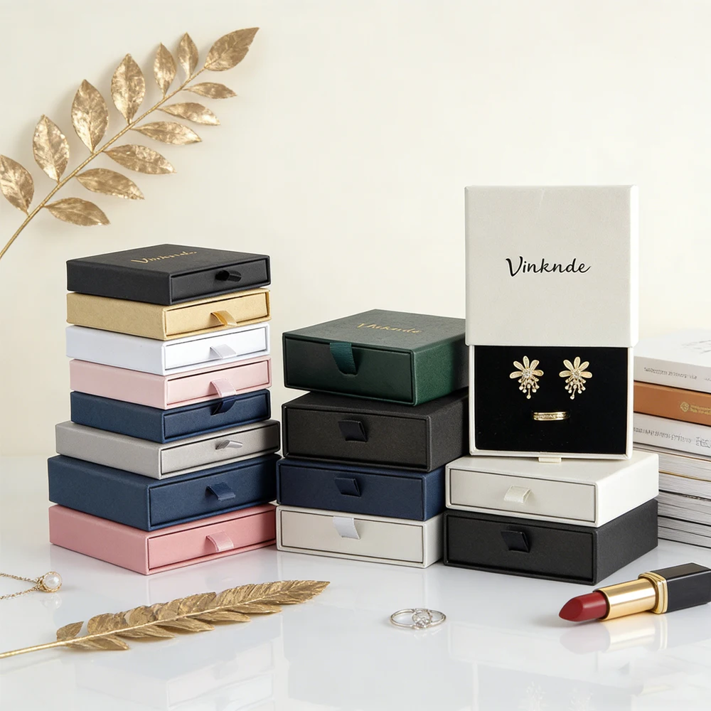 

100Pcs Beige Earrings Boxes Custom Logo 12x8x3cm Jewelry Packaging Box DIY Paper Drawer Necklace Rings Bracelet Organizer Case