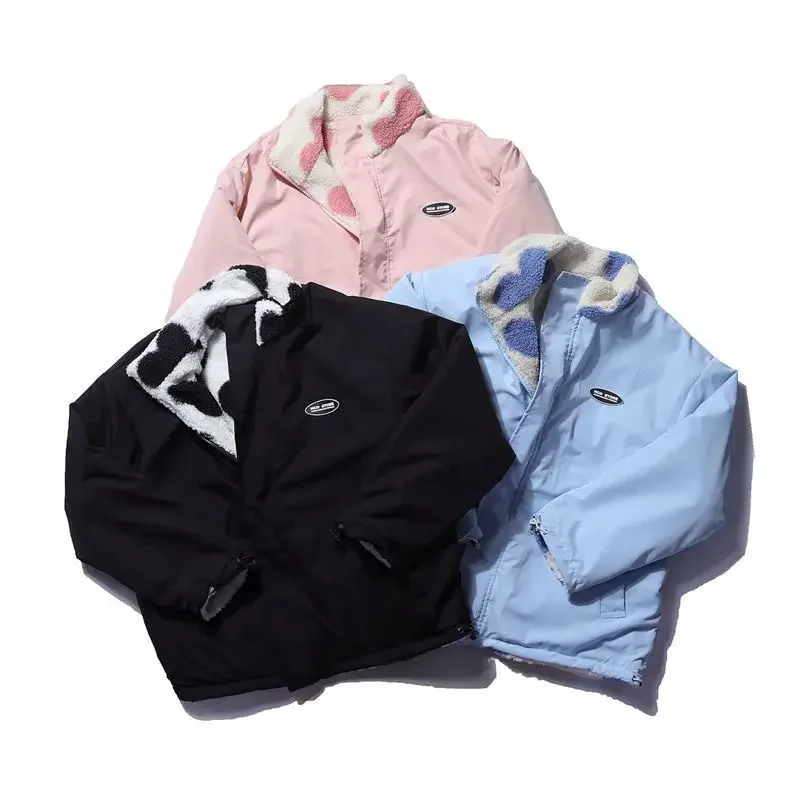 Oboustranný střih srdce z jehněčí bavlny bunda pro páry oblečení zimní trendy volný bavlněný kabát INS plyšový svrchní oblečení - náhled 4