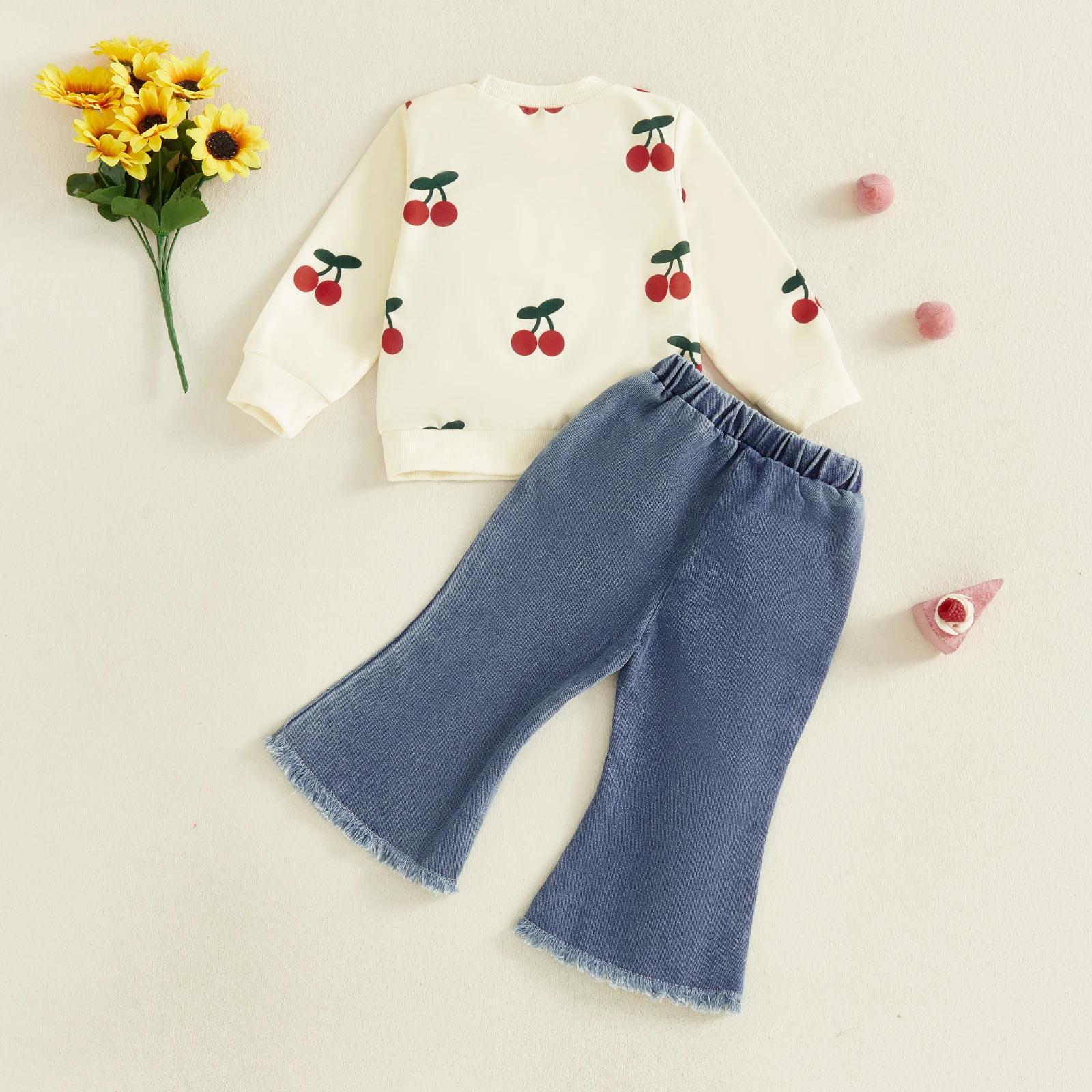 Toddler Girl Fall Outfits Cherry Decor Long Sleeve Round Neck Pullover + Elastic Waist Ripped Denim Flare Pants 2 Pcs Set