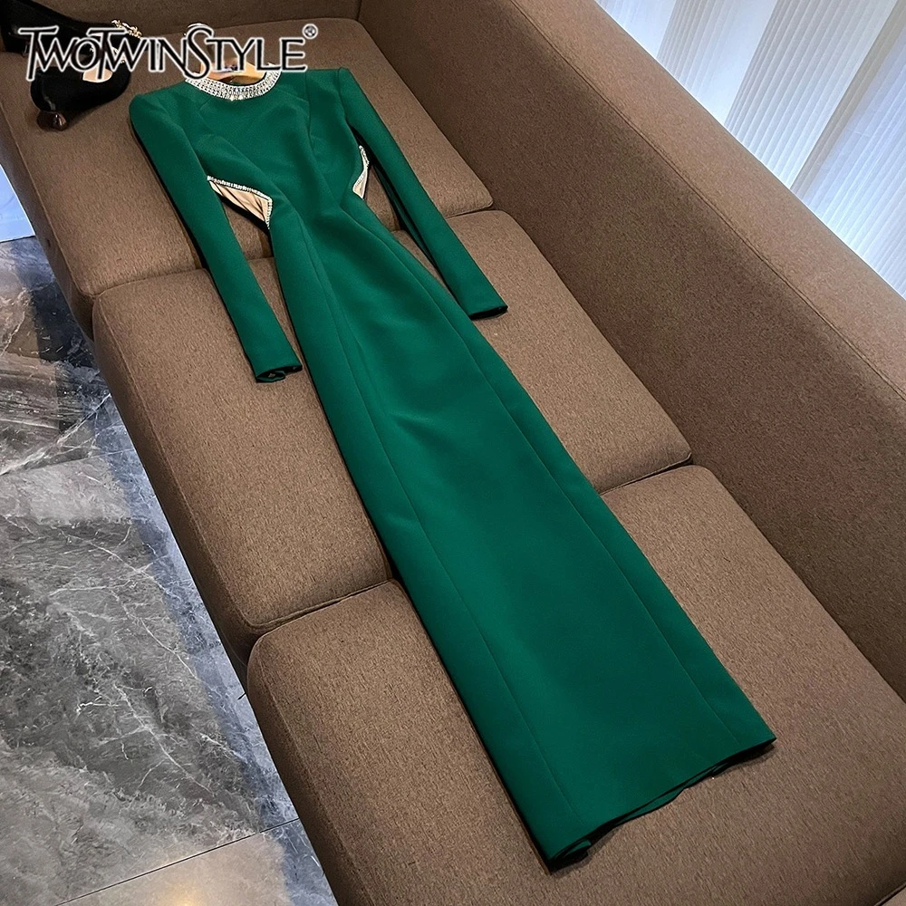 TWOTWINSTYLE Elegant Vintage Dresses For Women Round Neck Long Sleeve High Waist Autumn Gentle Solid Dress Female New KDR553552
