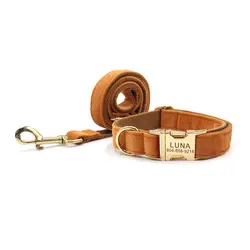 Personalized Dog Collar with Free Engraving, Matching Pet Leash,Customzied Contacts Metal Buckle, Brown Thick Velvet Pet Collar