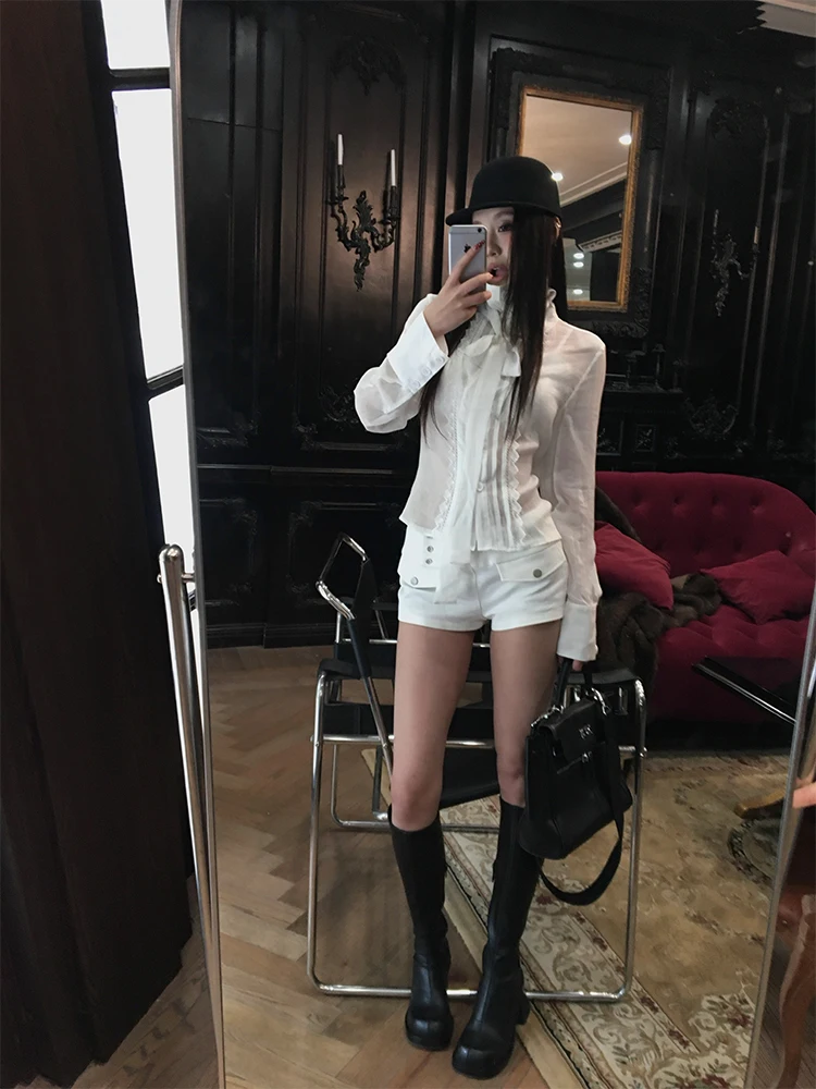 

HYTEMOLY Women's Slim Fit Long Sve irt Lace Insert Pleated Stand Collar Waist Cinching Knot Sa Transparent D...