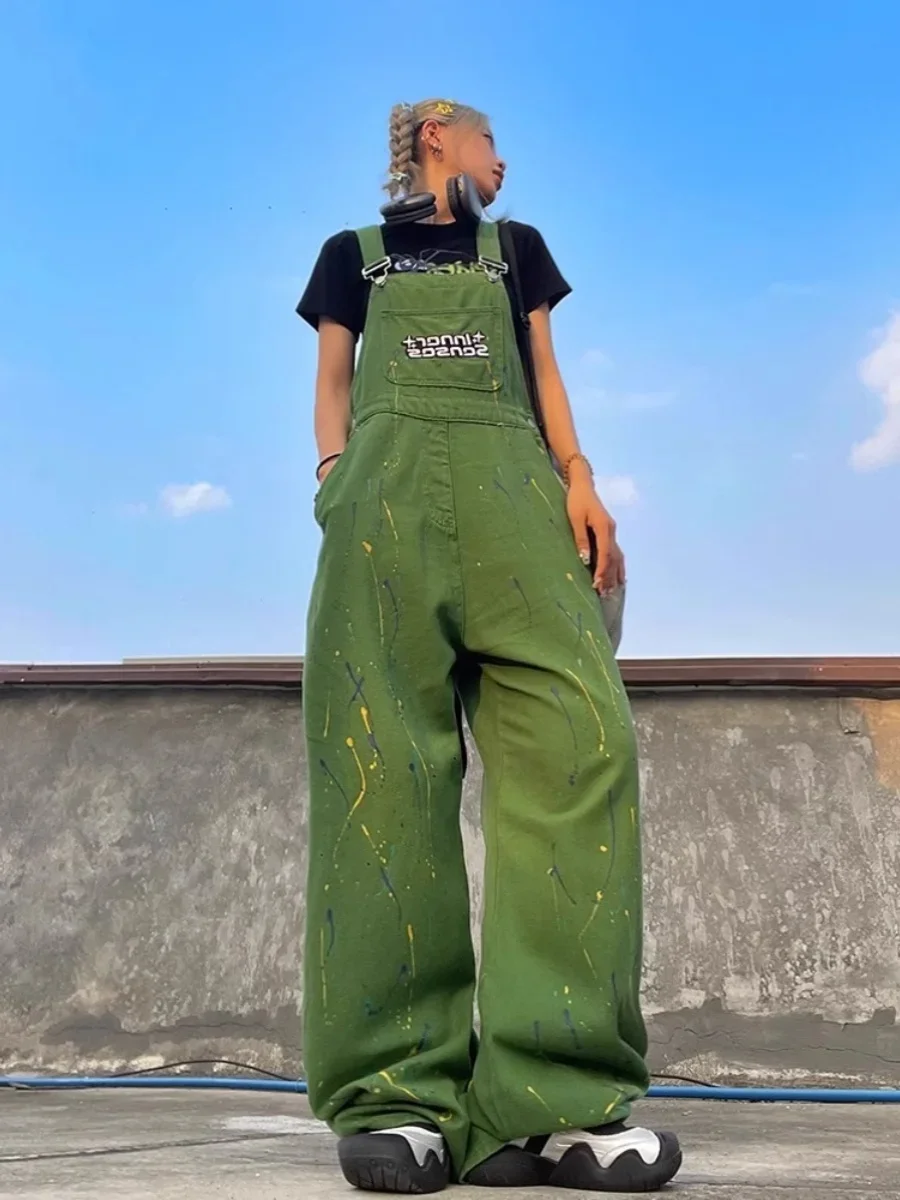 Women's Green Straps Jeans Straight Vintage Baggy Casual Fashion Wide Leg Pants Self Cultivation Denim Trouser Ladies