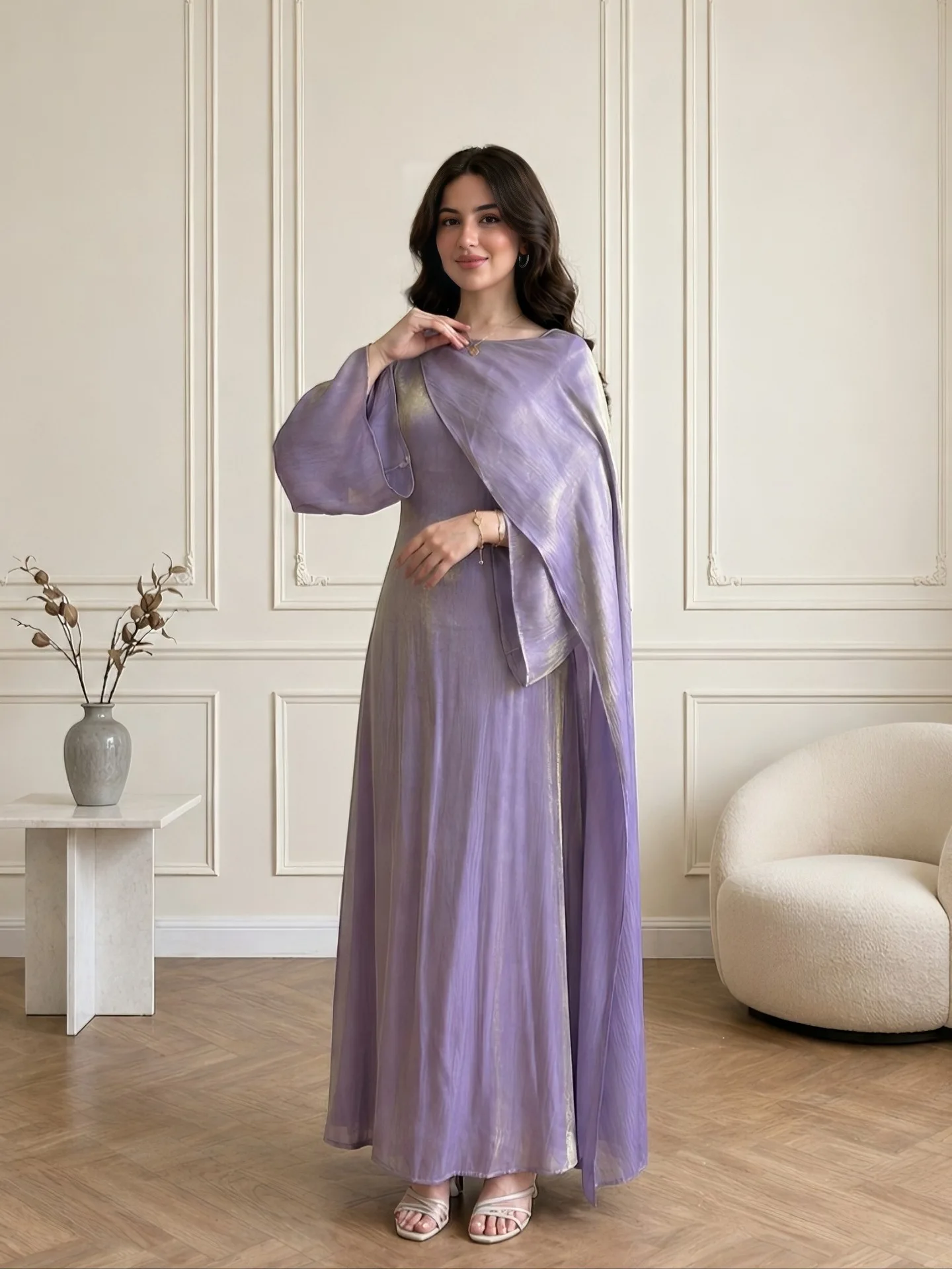 

Fashion Dubai Women Elegant Cape Dress Temperament Slim Fit Long Sleeve Maxi Dress Party Ladies Robe Turkey Evening Formal Gown