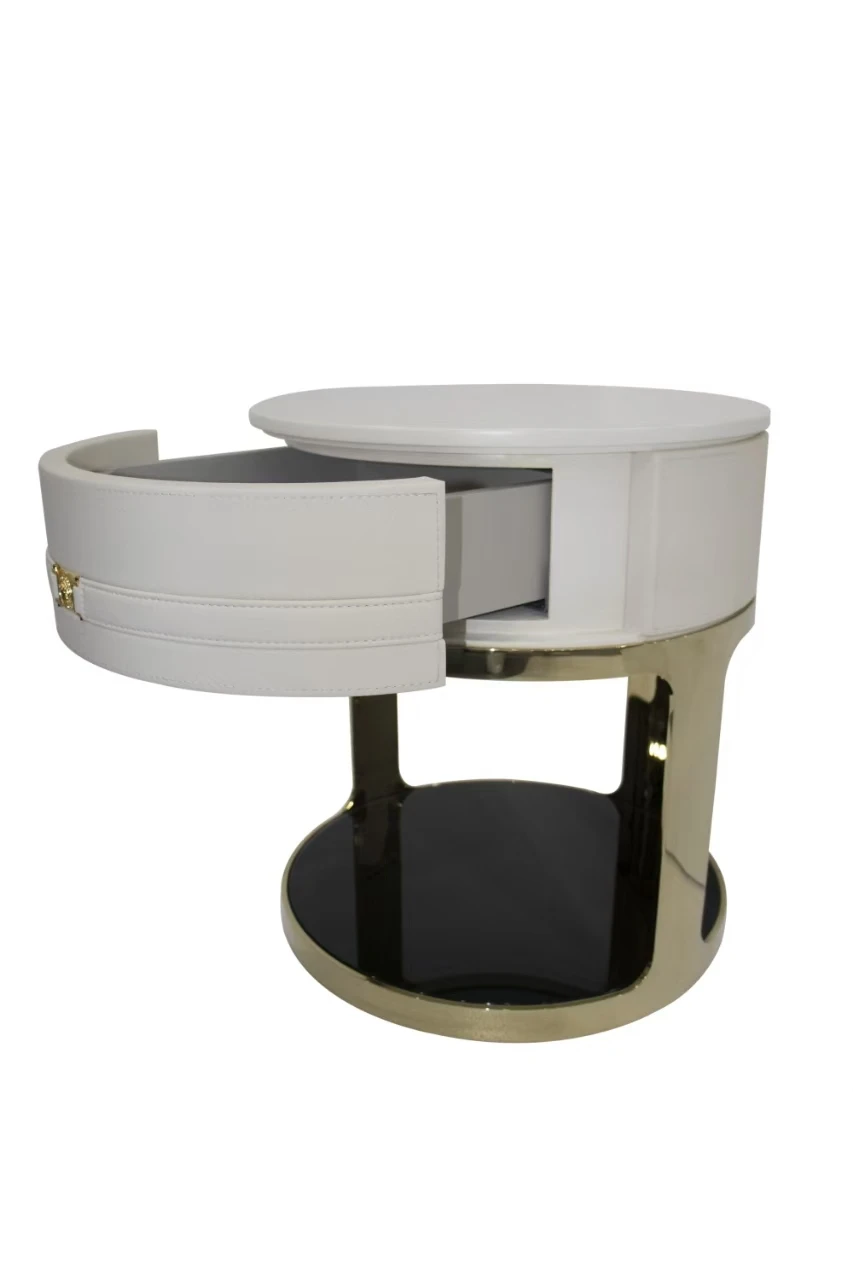 Meja samping tempat tidur modern minimalis dengan lapisan pernis kulit putih mengkilap