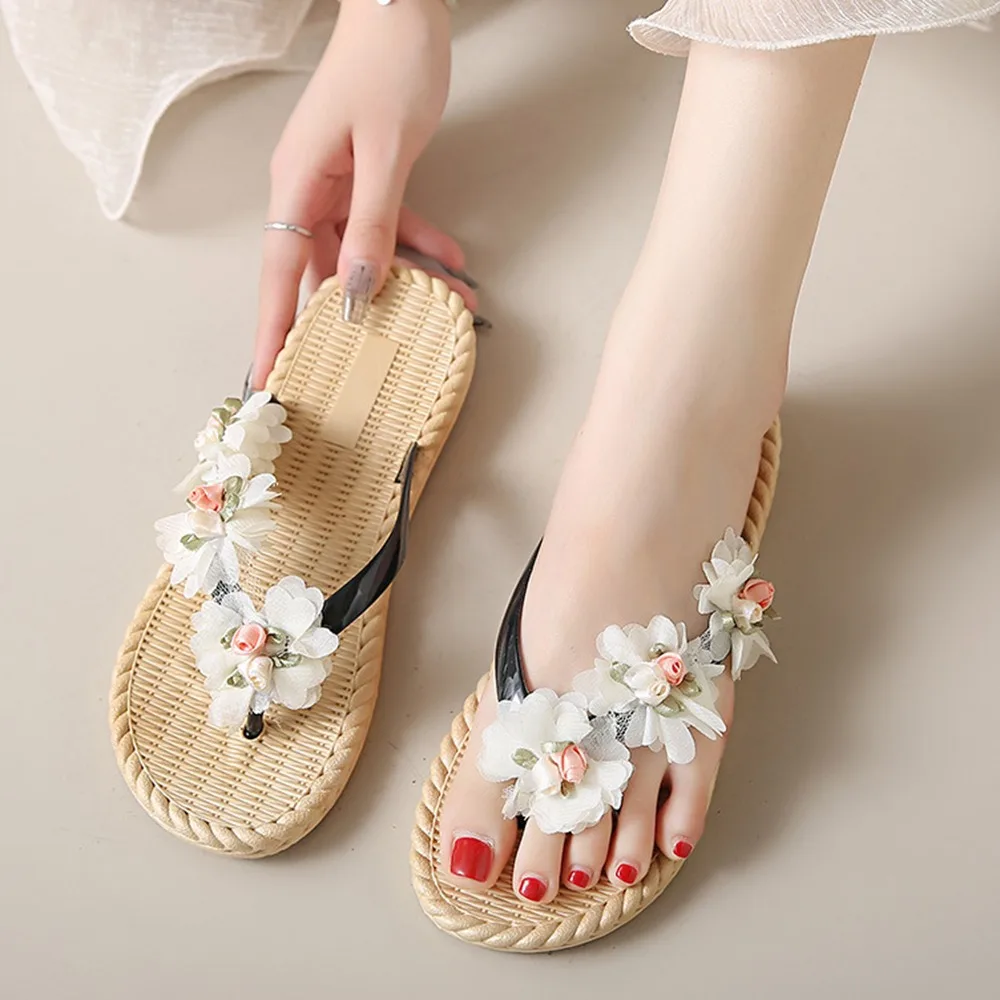 

Fashion Sweet Women Flat Flip Flops Anti Slip Flower Beach Thong Sandals Home Shoes Soft Soles Platform Slippers Summer