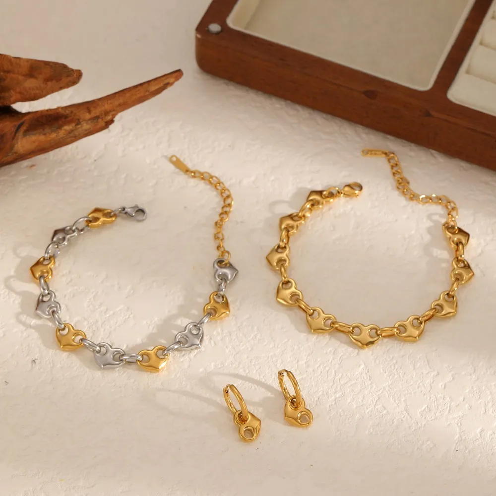 Minimalistischer Modeschmuck aus Edelstahl, zweifarbiges Herz-Knopf-Armband, Halskette, Ohrringe, Damen-Party-Schmuckgeschenke – Detail 2