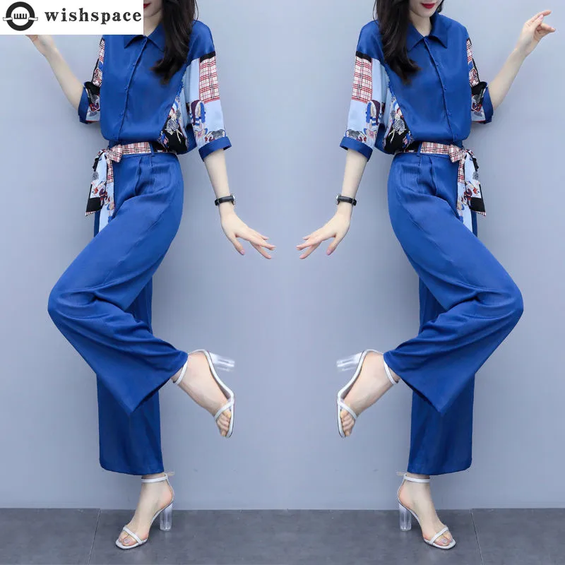 2022 Summer Korean Fashionable Elegant Women's Pants Set Fashion Printed Chiffon Shirt Casual Wide Leg Trousers Two-piece Set