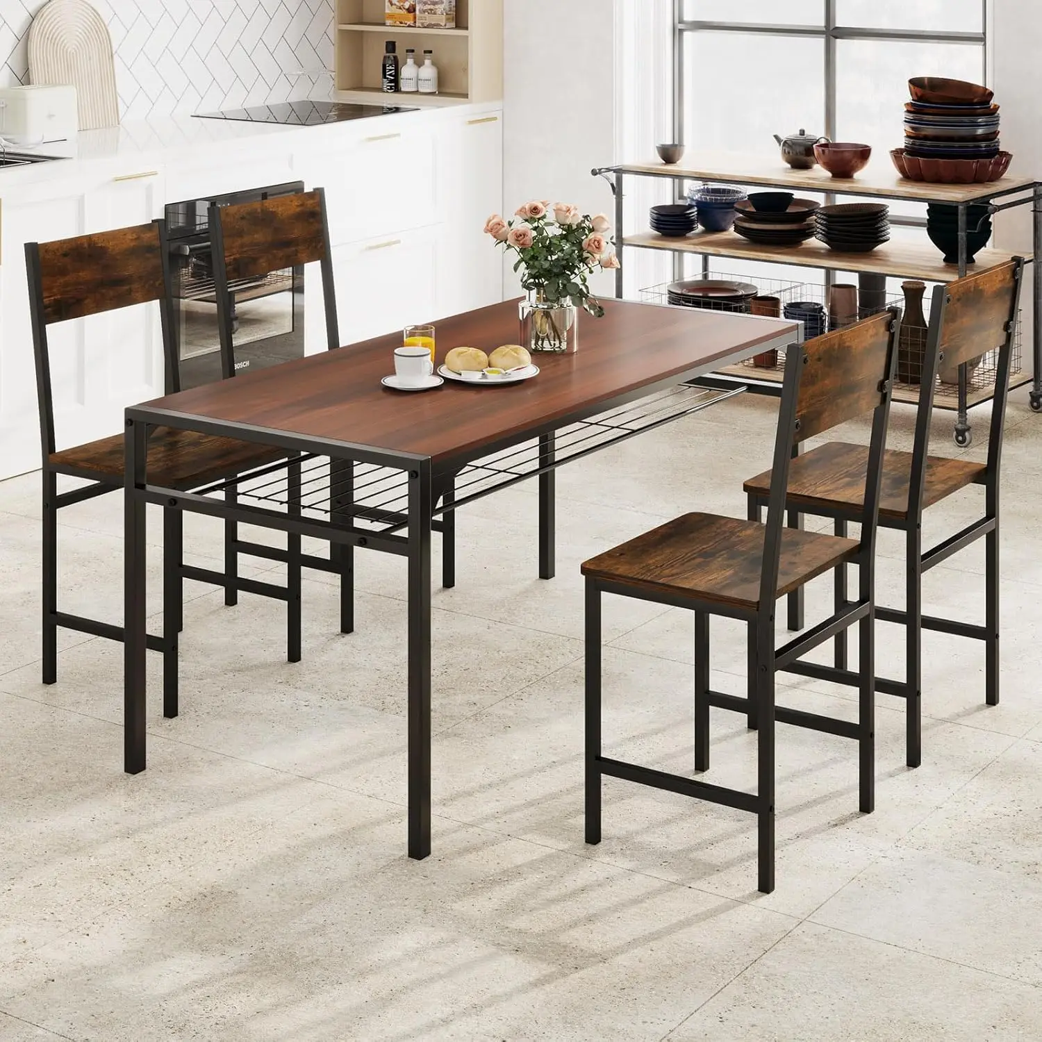 Rustic Brown and Black Industrial Dining Chairs with Metal Legs for Dining Room, Restaurant, and Living Room, Slanted Back