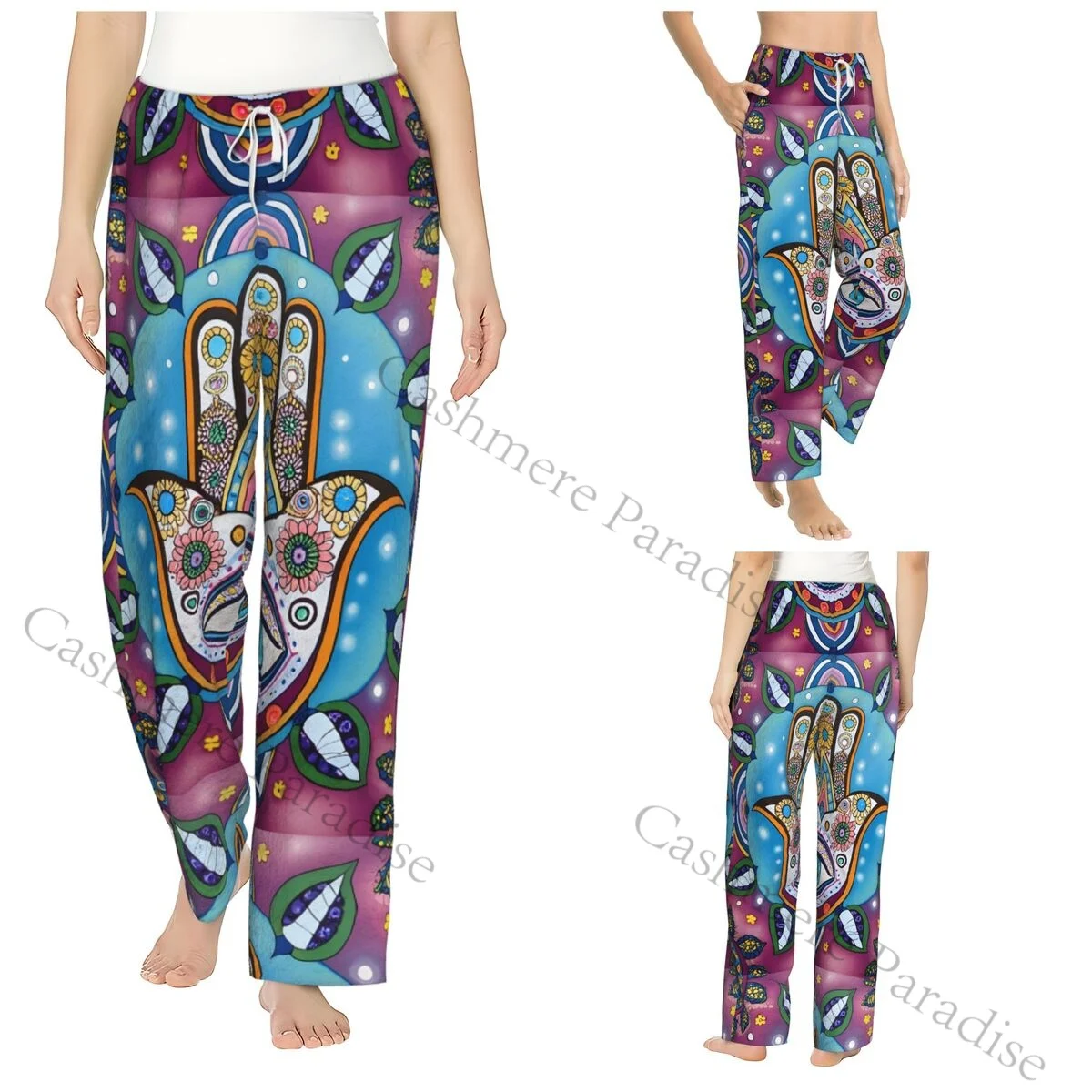 

Hamsa Hand Painted-with Colored Paints Colorful Women Sleep Pants Warm Flannel Lounge Pants for Winter Nights