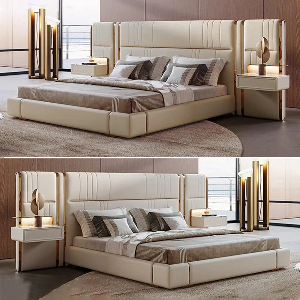

Customizable Luxury King / Queen Size Upholstered Bed Frame with Nightstands & Gold Accents, Modern Designer Genuine L
