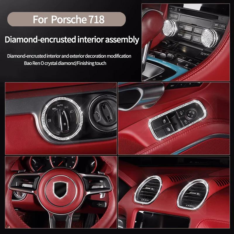 Car interior modification volume knob steering wheel frame suitable For Porsche 718 Cayman diamond inlaid sticker accessories