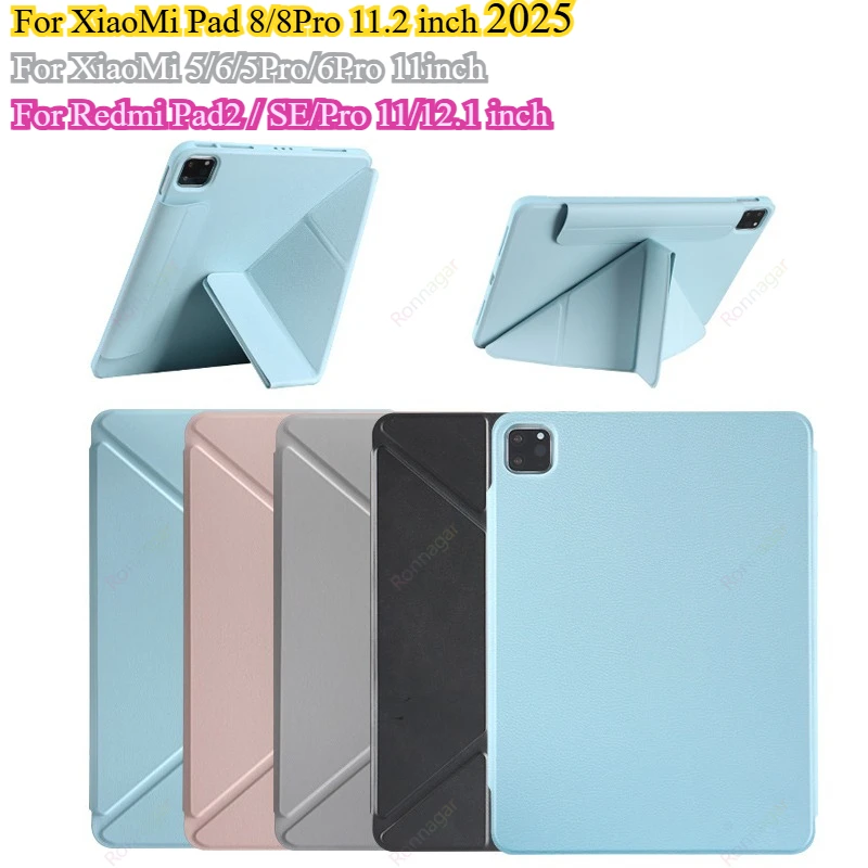 حافظة Y قابلة للطي لهاتف Xiaomi Mi Pad 8 11.2 2025 لـ XiaoMI 6 5 11 بوصة لـ Redmi Pad 2 SE 11 12.1 غطاء حامل تلقائي للاستيقاظ/النوم