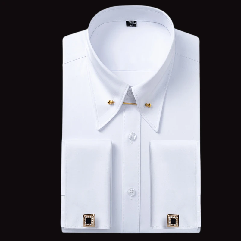 

Премиальные мужские рубашки с пин-воротником, стильные, с французскими манжетами, на пуговицах, для делового стиля, для вечеринок, свадеб, белые и черные.