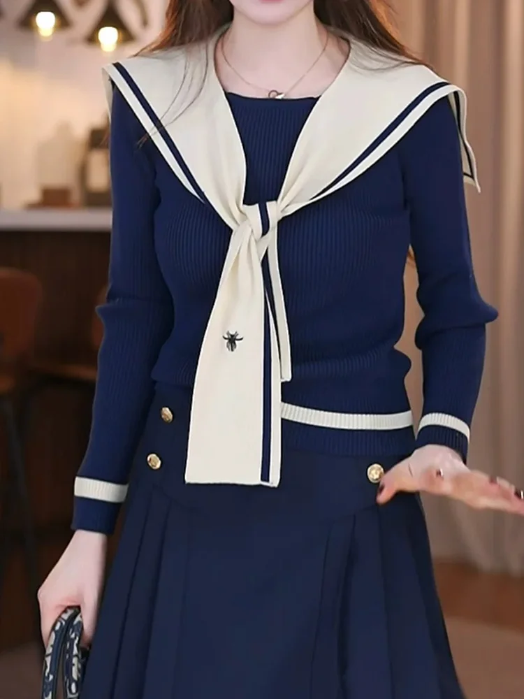 

Свободный вязаный свитер с воротником цвета синий деним, универсальный осенний топ для молодых женщин, корейский стиль, для повседневной носки