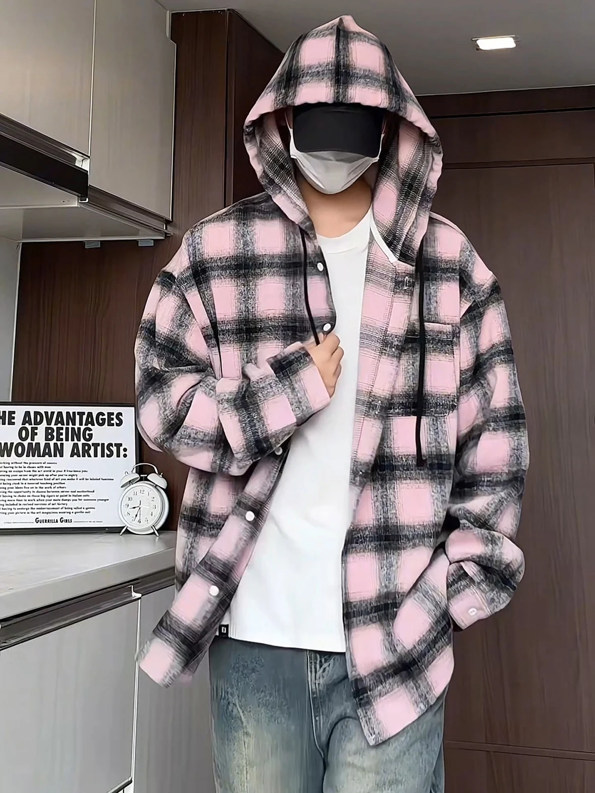 

Retro Japanese Plaid Hooded irt Men's Lazy Sle Casual Sun Protection irt Bla Pink Color Blo High-End Feeling Jaet
