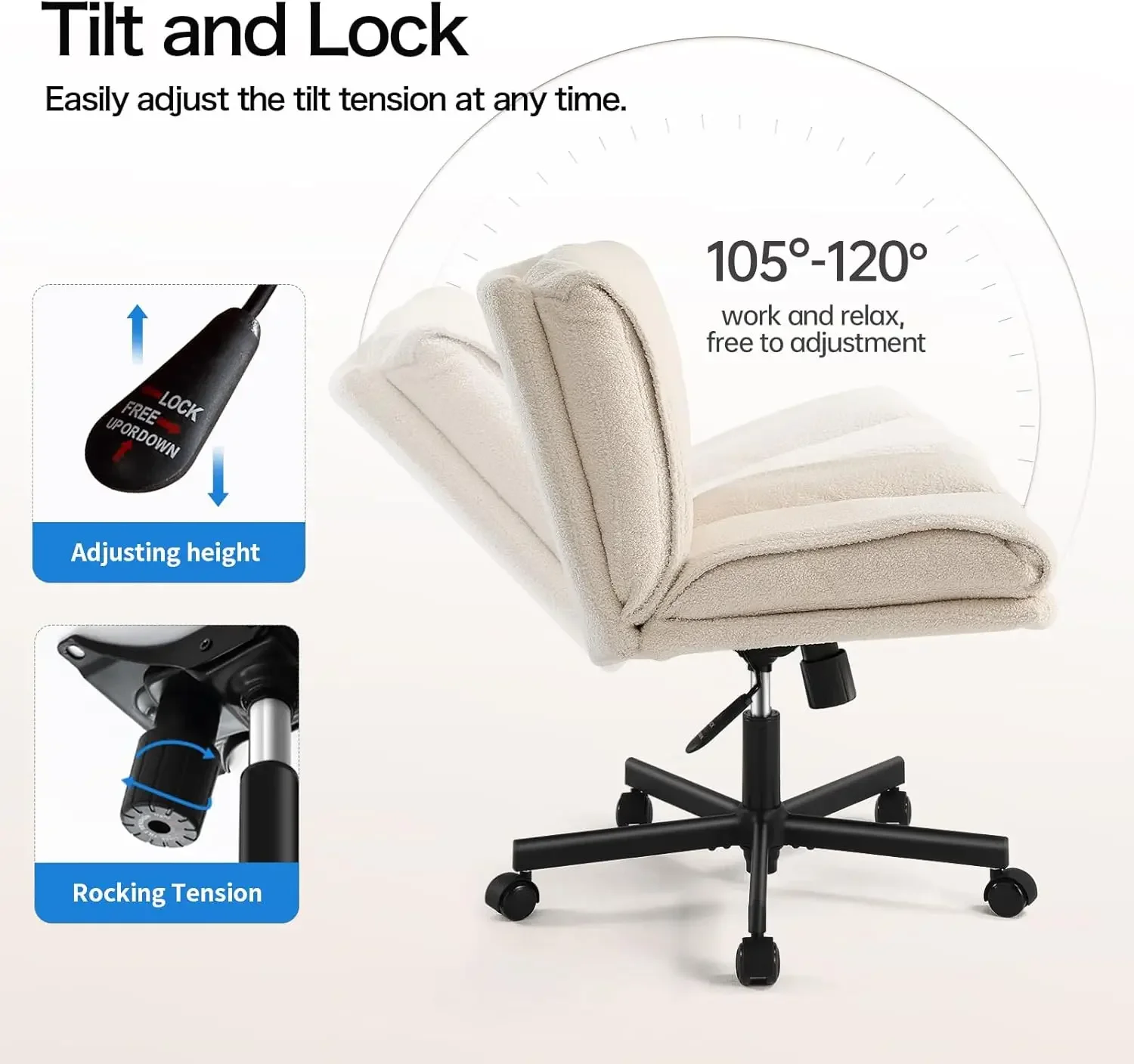 Sedia incrociata con ruote, sedia da scrivania pelosa senza braccioli, comoda sedia da ufficio con gambe incrociate e sedile largo, elegante C regolabile in altezza