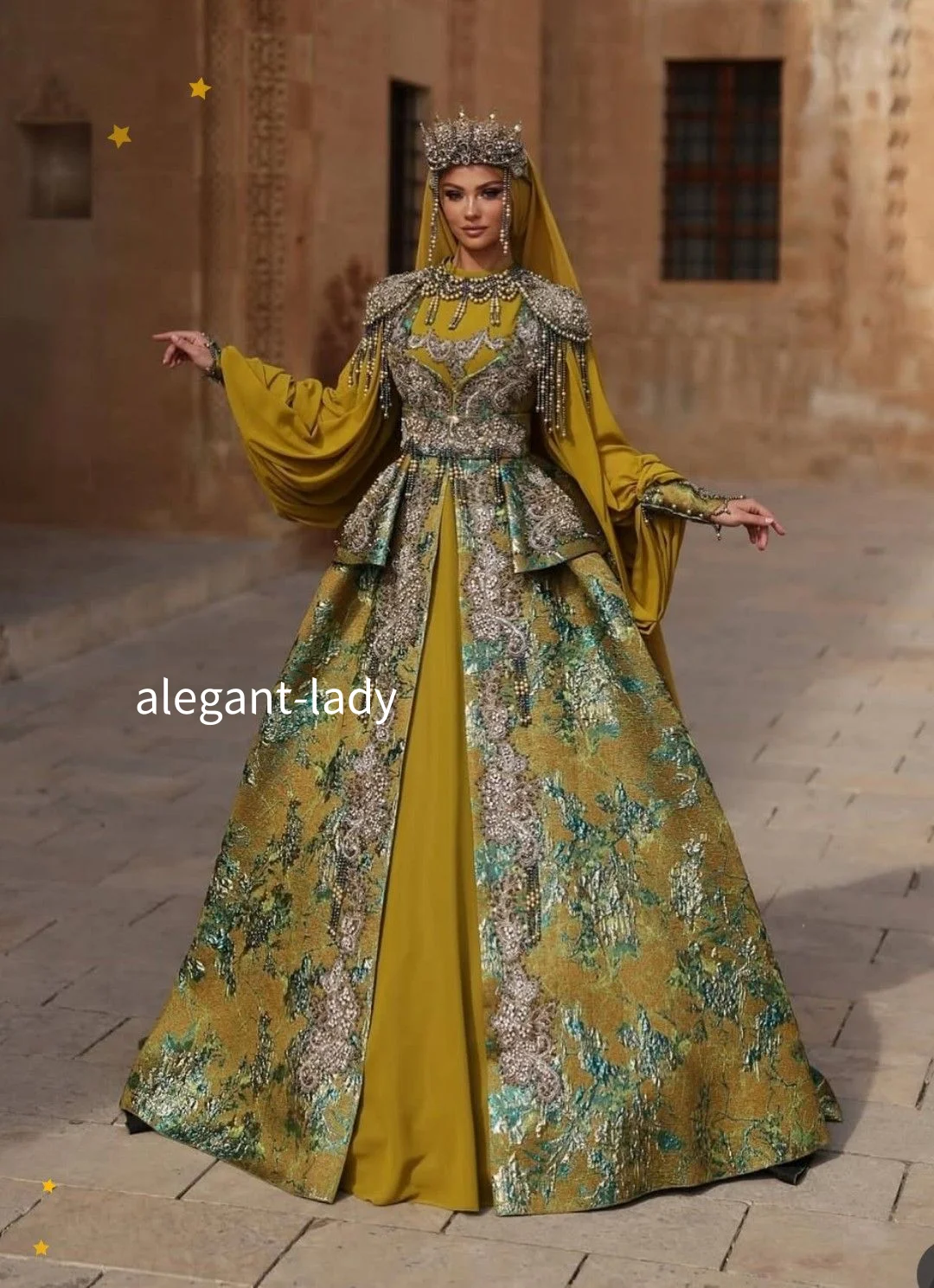 Custom Yellow Embroidered Wedding Gown Floral Print Embroidery Beaded Fringe Bridal Dress Distinctive Bridal Gown Formal Occasio