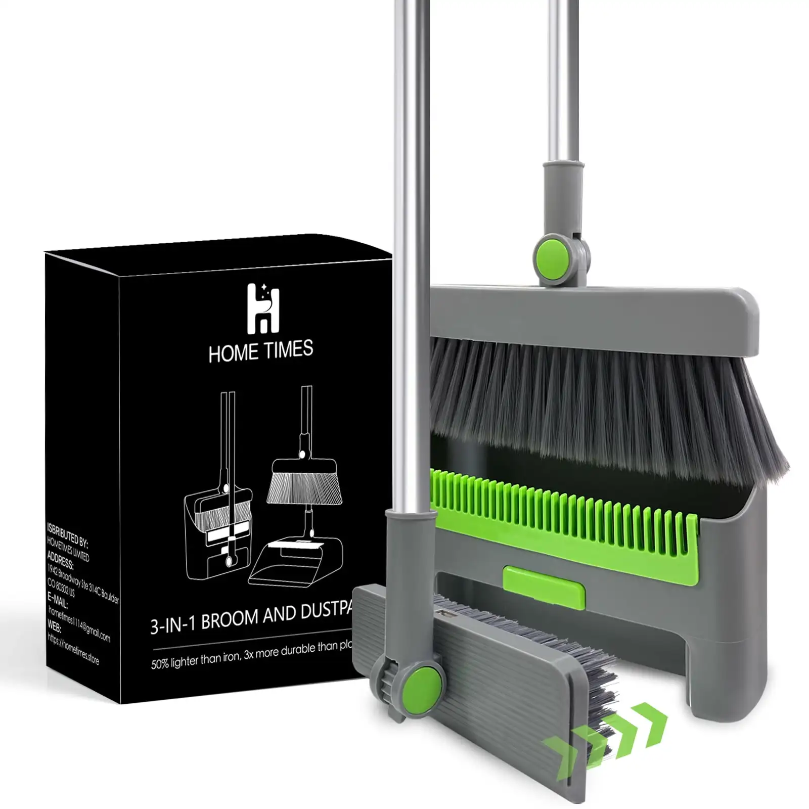 HOME TIMES 3-in-1 Broom Dustpan Set, Stainless Steel Telescopic Handle, Rotatable Head, Space-Saving Kit Indoor & Outdoor