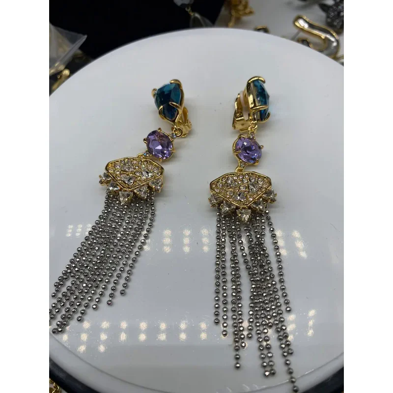 European and American devil design fashion trend gem fringe long clip earrings