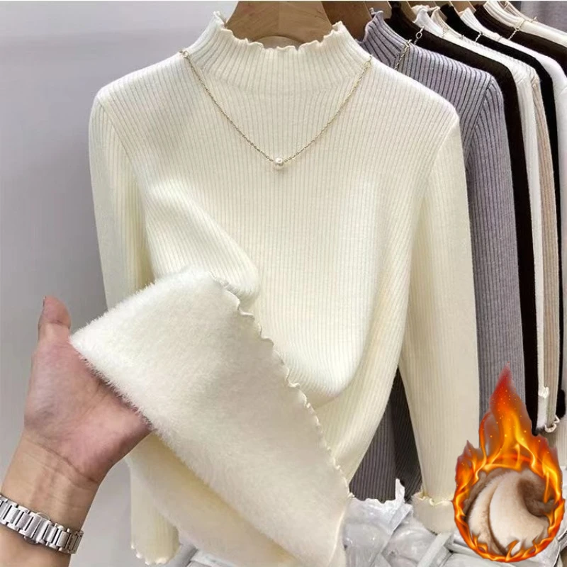 Herbst Winter Mode Basis Schicht Shirt frauen Verdickte Fleece Gefüttert Rollkragen Pullover Lange Ärmel Warme Rüschen Rand Pullover